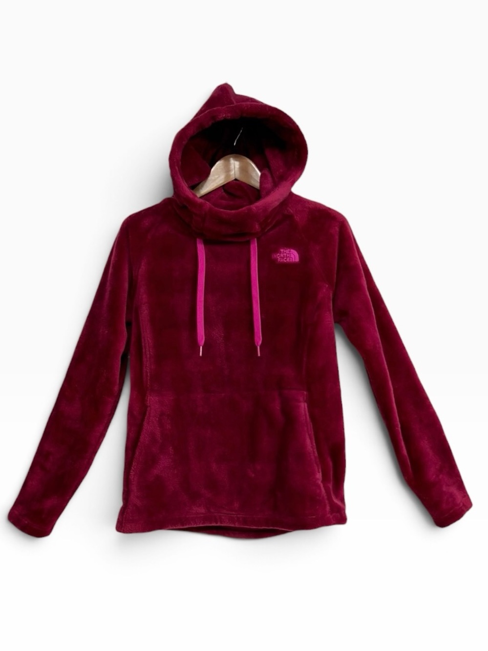 The North Face Womens M Maroon Fleece Pullover Hoodie Pink Drawstrings Cozy Soft